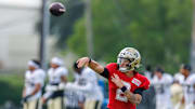 Jul 30, 2025; New Orleans, LA, USA;  New Orleans Saints quarterback Spencer Rattler (2) during training camp at Ochsner Sports Performance Center. Mandatory Credit: Stephen Lew-Imagn Images