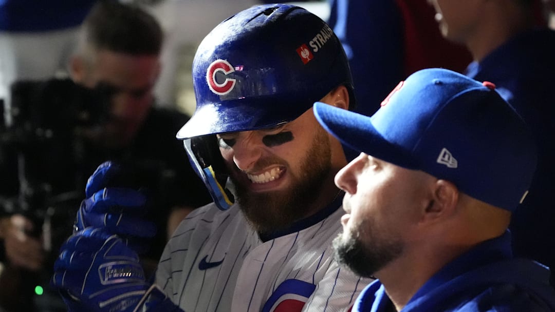 Oct 9, 2025; Chicago, Illinois, USA; Chicago Cubs first baseman Michael Busch (29) reacts in the dug out after hitting a home run against the Milwaukee Brewers during the eighth inning for game four of the NLDS round for the 2025 MLB playoffs at Wrigley Field. Mandatory Credit: David Banks-Imagn Images