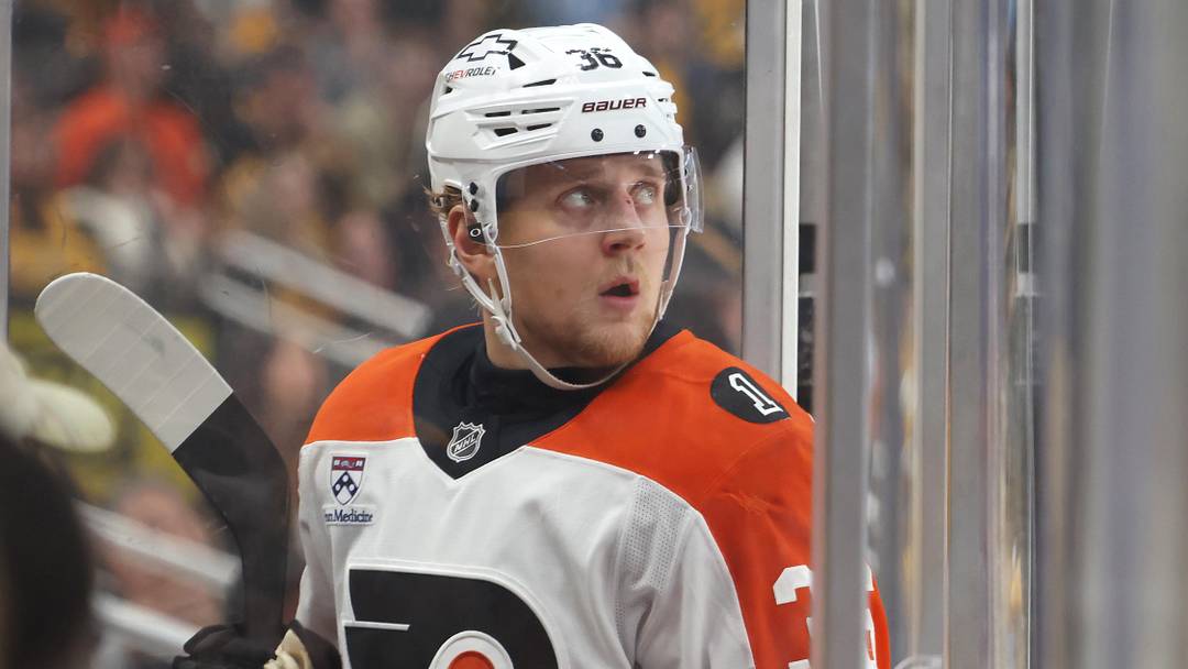 Apr 27, 2026; Pittsburgh, Pennsylvania, USA;  Philadelphia Flyers defenseman Emil Andrae (36) watches a scoreboard replay as he enters the penalty box on a tripping infraction against the Pittsburgh Penguins during the third period in game five of the first round of the 2026 Stanley Cup Playoffs at PPG Paints Arena. 