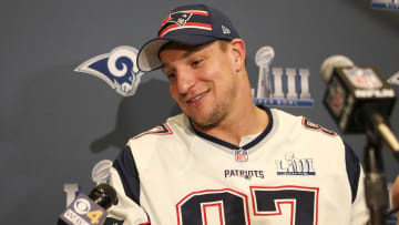 Jan 30, 2019; Atlanta, GA, USA; New England Patriots tight end Rob Gronkowski (87) addresses the media at a press conference for Super Bowl LIII at Hyatt Regency Atlanta. Mandatory Credit: Brett Davis-USA TODAY Sports