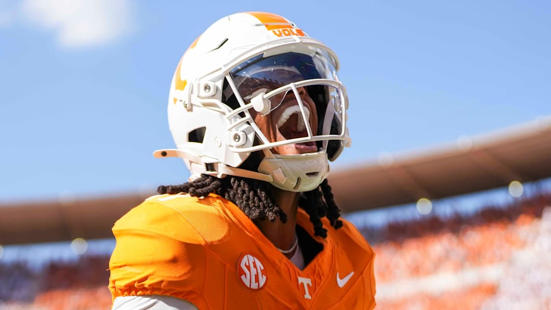 Tennessee wide receiver Chris Brazzell II (17) yells in celebration after scoring a touchdown during a NCAA football game between Tennessee and Georgia at Neyland Stadium in Knoxville, Tennessee, on September 13, 2025.