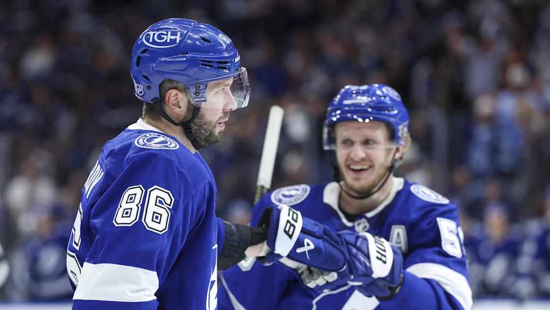 Apr 2, 2026; Tampa, Florida, USA; Tampa Bay Lightning right wing Nikita Kucherov (86) reacts after scoring a goal against the Pittsburgh Penguins in the third period at Benchmark International Arena. Mandatory Credit: Nathan Ray Seebeck-Imagn Images
