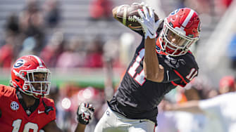 Apr 12, 2025; Athens, GA, USA; Georgia Bulldogs wide receiver Talyn Taylor (11) tries to make a catch behind defensive back Jontae Gilbert (18) during the Georgia Spring game at Sanford Stadium. Mandatory Credit: Dale Zanine-Imagn Images