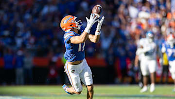 Nov 23, 2024; Gainesville, Florida, USA; Florida Gators wide receiver Chimere Dike (17) makes a catch against the Mississippi Rebels during the second half at Ben Hill Griffin Stadium. Mandatory Credit: Matt Pendleton-Imagn Images