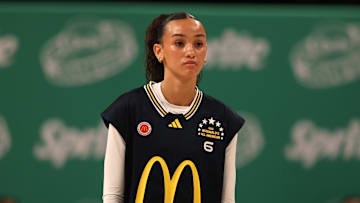 Mar 31, 2025; Brooklyn, New York, USA; McDonald’s All American West guard Jazzy Davidson (6) stands on the court during the Sprite Jam Fest at Barclay's Center. Mandatory Credit: Pamela Smith-Imagn Images