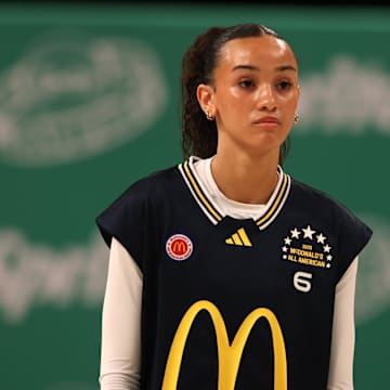 Mar 31, 2025; Brooklyn, New York, USA; McDonald’s All American West guard Jazzy Davidson (6) stands on the court during the Sprite Jam Fest at Barclay's Center. Mandatory Credit: Pamela Smith-Imagn Images