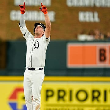 Detroit Tigers designated hitter Kerry Carpenter (30) celebrates a double against Colorado Rockies during the fifth inning at Comerica Park in Detroit on Wednesday, September 11, 2024.