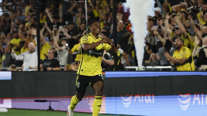 Aug 9, 2024; Columbus, Ohio, USA; Columbus Crew defender DeJuan Jones (12) celebrates after scoring second half against the Sporting Kansas City at Lower.com Field. Mandatory Credit: Rick Osentoski-USA TODAY Sports