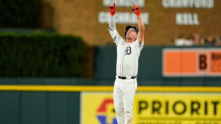 Detroit Tigers designated hitter Kerry Carpenter (30) celebrates a double against Colorado Rockies during the fifth inning at Comerica Park in Detroit on Wednesday, September 11, 2024.