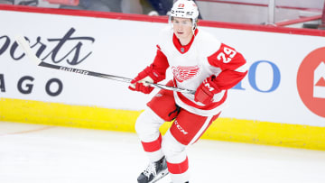 Oct 3, 2023; Chicago, Illinois, USA; Detroit Red Wings forward Nate Danielson (29) warms up before a preseason hockey game against the Chicago Blackhawks at United Center. Mandatory Credit: Kamil Krzaczynski-USA TODAY Sports