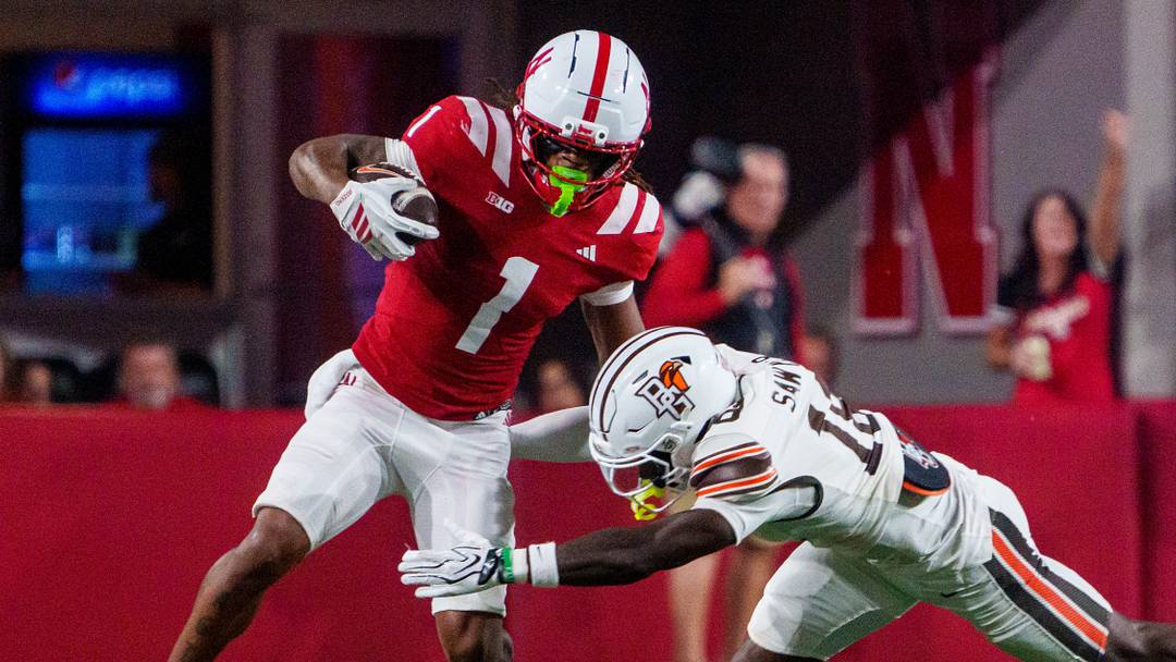 Nebraska wide receiver Nyziah Hunter is pushed out of bounds against Bowling Green Falcons cornerback Nick Sawyer. Nebraska wide receiver Nyziah Hunter is pushed out of bounds against Bowling Green Falcons cornerback Nick Sawyer.