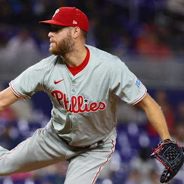 Sep 6, 2024; Miami, Florida, USA; Philadelphia Phillies starting pitcher Zack Wheeler (45) delivers a pitch against the Miami Marlins during the first inning at loanDepot Park.