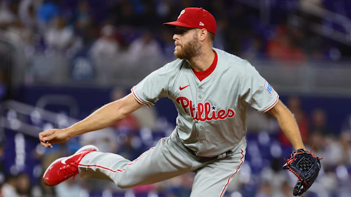 Sep 6, 2024; Miami, Florida, USA; Philadelphia Phillies starting pitcher Zack Wheeler (45) delivers a pitch against the Miami Marlins during the first inning at loanDepot Park.