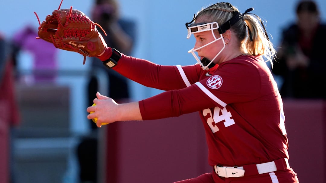 Sophomore pitcher Audrey Lowry tosses the ball against Wichita State at Love's Field on Feb. 23, 2025 in Norman, Okla.