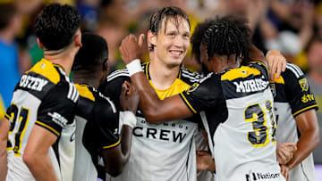 Columbus Crew midfielder Lassi Lappalainen (26) reacts after scoring a goal in the second half of the game at Lower.com Field on Saturday, July 19, 2025 in Columbus, Ohio.
