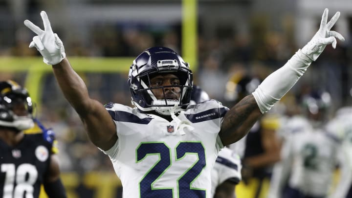 Oct 17, 2021; Pittsburgh, Pennsylvania, USA;  Seattle Seahawks cornerback Tre Brown (22) reacts after a defensive stop against the Pittsburgh Steelers during the first quarter at Heinz Field.