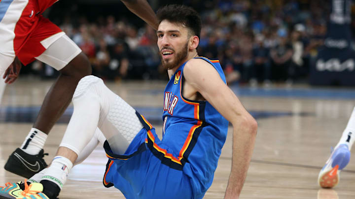 Apr 26, 2025; Memphis, Tennessee, USA; Oklahoma City Thunder forward Chet Holmgren (7) reacts during the fourth quarter against the Memphis Grizzlies during game four for the first round of the 2024 NBA Playoffs at FedExForum. Mandatory Credit: Petre Thomas-Imagn Images