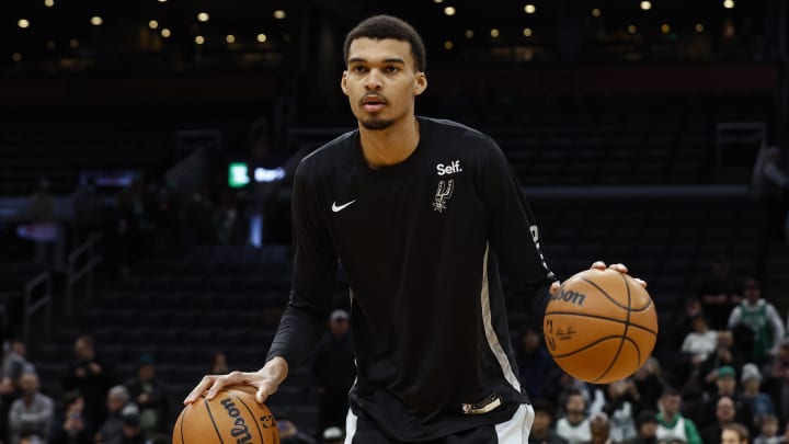 Jan 17, 2024; Boston, Massachusetts, USA; San Antonio Spurs center Victor Wembanyama (1) dribbles before their game against the Boston Celtics at TD Garden.