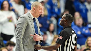 Kentucky head coach Mark Pope questioned a referee during the game against Auburn in SEC basketball at Rupp Arena Saturday afternoon in Lexington, Kentucky March 1, 2025