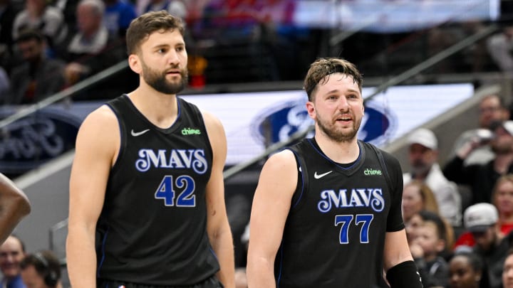 Feb 3, 2024; Dallas, Texas, USA; Dallas Mavericks forward Maxi Kleber (42) and guard Luka Doncic (77) during the game between the Dallas Mavericks and the Milwaukee Bucks at the American Airlines Center. Mandatory Credit: Jerome Miron-USA TODAY Sports