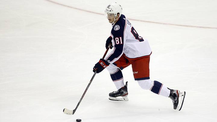 Sep 27, 2021; Pittsburgh, Pennsylvania, USA;  Columbus Blue Jackets defenseman Stanislav Svozil (81) moves the puck against the Pittsburgh Penguins during the third period at PPG Paints Arena. Mandatory Credit: Charles LeClaire-Imagn Images