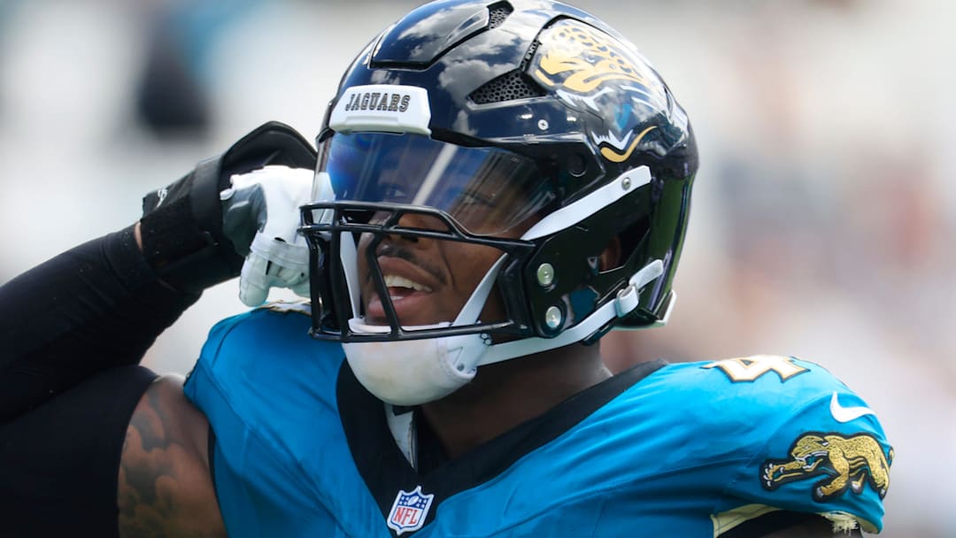 Jacksonville Jaguars defensive end Travon Walker (44) flexes after a sack on Houston Texans quarterback CJ. Stroud (7) during the first quarter of an NFL football matchup at EverBank Stadium, Sunday, Sept. 21, 2025, in Jacksonville, Fla.