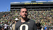 Sep 20, 2025; Eugene, Oregon, USA; Oregon Ducks head coach Dan Lanning walks on the field after the game against the Oregon State Beavers at Autzen Stadium. Mandatory Credit: Troy Wayrynen-Imagn Images