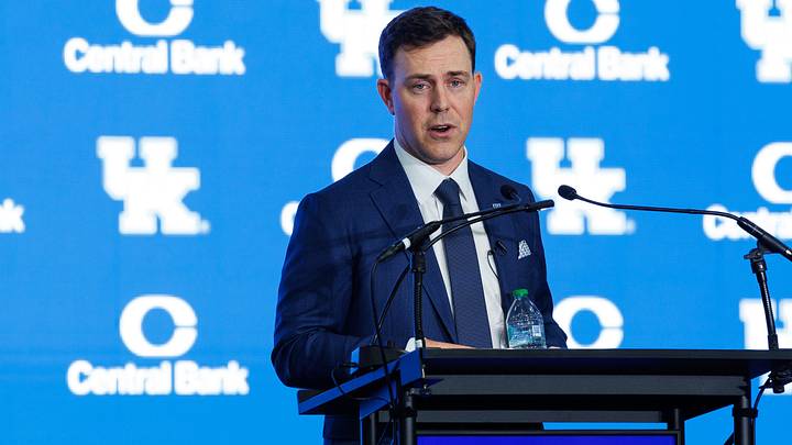 Dec 3, 2025; Lexington, KY, USA; Kentucky Wildcats head football coach Will Stein speaks during his introductory press conference at Nutter Field House. Mandatory Credit: Jordan Prather-Imagn Images