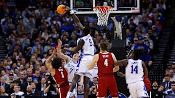 Duke Blue Devils center Khaman Maluach (9) blocks the shot of Alabama Crimson Tide guard Mark Sears (1)