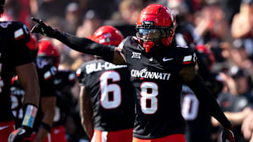 Cincinnati Bearcats cornerback Ormanie Arnold (8) reacts after a defensive stop in the fourth quarter of the NCAA football game between the Cincinnati Bearcats and Iowa State Cyclones at Nippert Stadium in Cincinnati on Oct. 4, 2025.