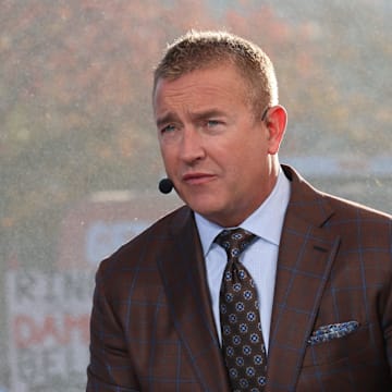Analyst Kirk Herbstreit speaks during the ESPN College GameDay live broadcast on the Texas Tech University campus on Nov. 8, 2025 in Lubbock, Texas.