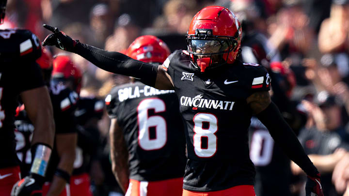 Cincinnati Bearcats cornerback Ormanie Arnold (8) reacts after a defensive stop in the fourth quarter of the NCAA football game between the Cincinnati Bearcats and Iowa State Cyclones at Nippert Stadium in Cincinnati on Oct. 4, 2025.