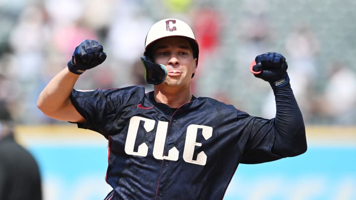 Jun 20, 2024; Cleveland, Ohio, USA; Cleveland Guardians right fielder Will Brennan (17) rounds the bases after hitting a home run during the eighth inning against the Seattle Mariners at Progressive Field.