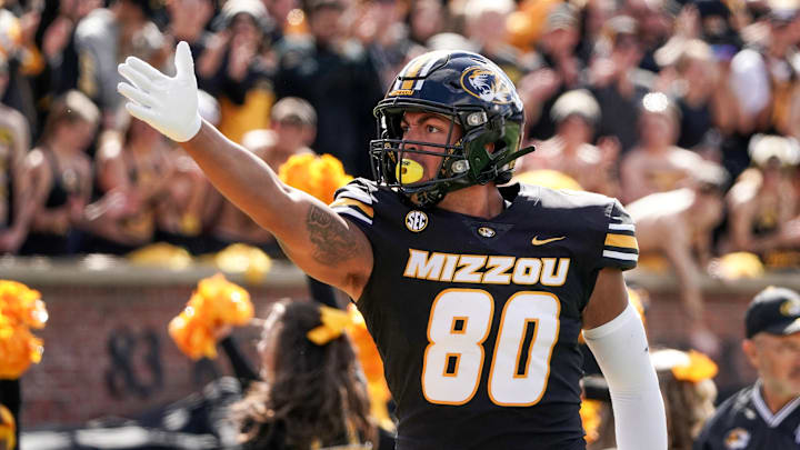 Oct 7, 2023; Columbia, Missouri, USA; Missouri Tigers tight end Tyler Stephens (80) celebrates after a play against the LSU Tigers during the first half at Faurot Field at Memorial Stadium. Mandatory Credit: Denny Medley-Imagn Images