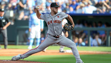 Sep 21, 2024; Kansas City, Missouri, USA; San Francisco Giants starting pitcher Mason Black (47) pitches during the third inning against the Kansas City Royals at Kauffman Stadium. Mandatory Credit: Scott Sewell-Imagn Images