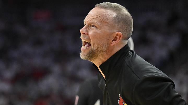 Feb 9, 2026; Louisville, Kentucky, USA;  Louisville Cardinals head coach Pat Kelsey reacts during the second half against the NC State Wolfpack at KFC Yum! Center. Louisville defeated N.C. State 118-77. Mandatory Credit: Jamie Rhodes-Imagn Images