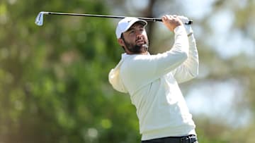 Scottie Scheffler swings during a practice round at Augusta National ahead of the 2025 Masters
