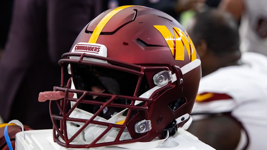 Sep 29, 2024; Glendale, Arizona, USA; Detailed view of a Washington Commanders helmet at State Farm Stadium. Mandatory Credit: Mark J. Rebilas-Imagn Images | Mark J. Rebilas-Imagn Images