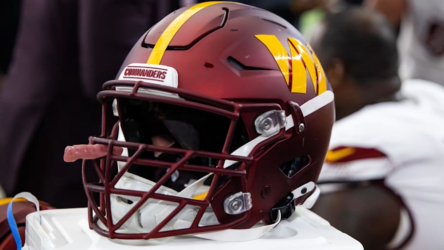 Sep 29, 2024; Glendale, Arizona, USA; Detailed view of a Washington Commanders helmet at State Farm Stadium. Mandatory Credit: Mark J. Rebilas-Imagn Images | Mark J. Rebilas-Imagn Images