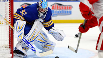 Oct 22, 2025; Buffalo, New York, USA;  Buffalo Sabres goaltender Colten Ellis (92) watches the puck during the third period against the Detroit Red Wings at KeyBank Center. Mandatory Credit: Timothy T. Ludwig-Imagn Images