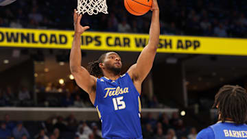 Tulsa forward Jared Garcia rebounds the ball against Memphis on Feb. 5, 2025.