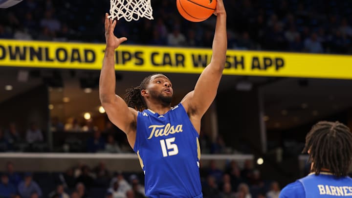 Tulsa forward Jared Garcia rebounds the ball against Memphis on Feb. 5, 2025. Tulsa forward Jared Garcia rebounds the ball against Memphis on Feb. 5, 2025.