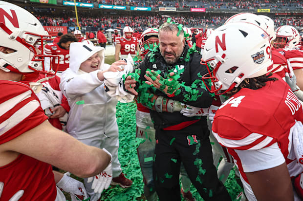 Cornhuskers head coach Matt Rhule celebrates with his team after the game against the Boston College Eagles at Yankee Stadium