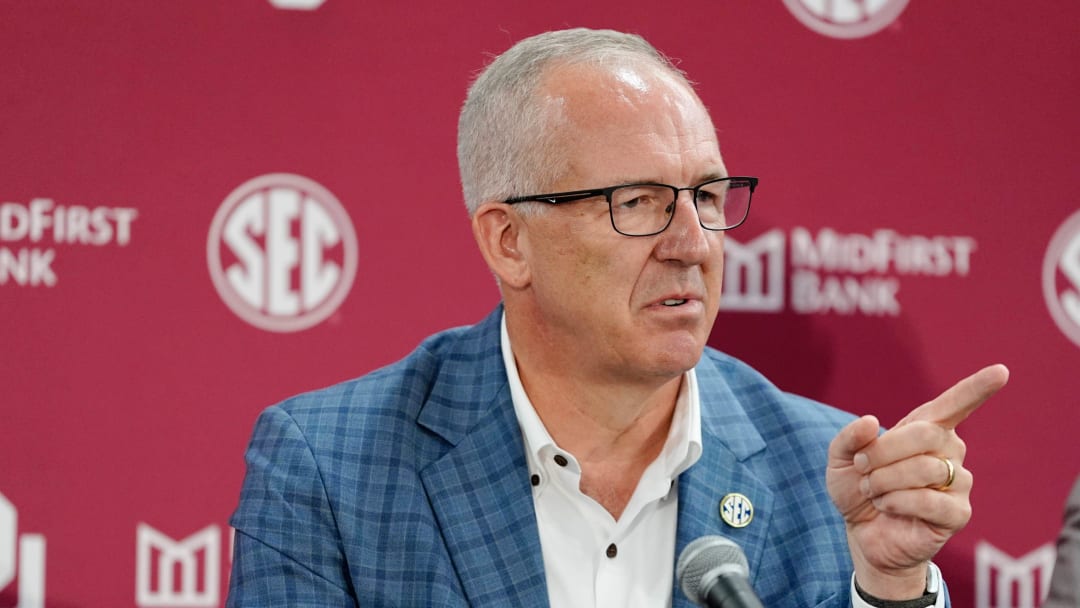 SEC commissioner Greg Sankey talks during a press conference before a celebration for OU joining the Southeastern Conference in Norman, Okla., Monday, July 1, 2024.