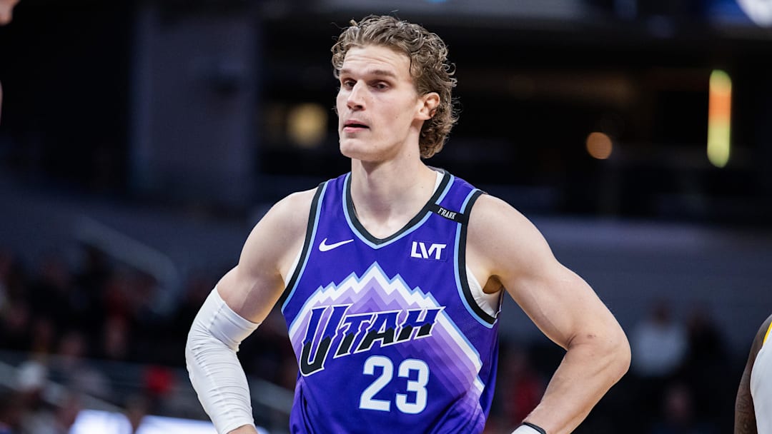 Feb 3, 2026; Indianapolis, Indiana, USA; sUtah Jazz forward/center Lauri Markkanen (23) in the first half against the Indiana Pacers at Gainbridge Fieldhouse. Mandatory Credit: Trevor Ruszkowski-Imagn Images
