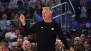 Oct 5, 2025; San Francisco, California, USA;  Golden State Warriors head coach Steve Kerr coaches his team against the Los Angeles Lakers in the first quarter at Chase Center. Mandatory Credit: David Gonzales-Imagn Images