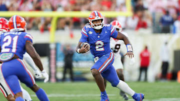Nov 1, 2025; Jacksonville, Florida, USA; Florida Gators quarterback DJ Lagway (2) runs with the ball in the third quarter against the Georgia Bulldogs at EverBank Stadium. Mandatory Credit: Matt Pendleton-Imagn Images