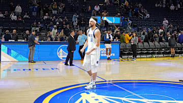 Dec 15, 2024; San Francisco, California, USA; Dallas Mavericks guard Klay Thompson (31) stands at half court after defeating the Golden State Warriors at Chase Center. Mandatory Credit: Darren Yamashita-Imagn Images