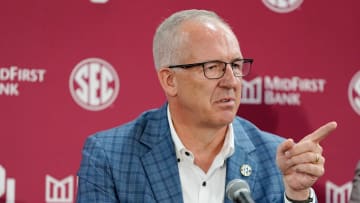 SEC commissioner Greg Sankey talks during a press conference before a celebration for OU joining the Southeastern Conference in Norman, Okla., Monday, July 1, 2024.