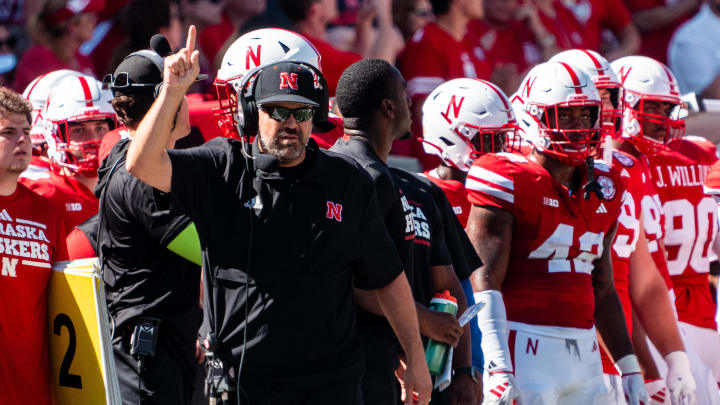 Aug 31, 2024; Lincoln, Nebraska, USA; Nebraska Cornhuskers head coach Matt Rhule reacts during the second quarter against the UTEP Miners at Memorial Stadium. 